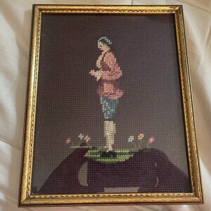 Needlepoint Colonial Figure Framed Art, Vintage